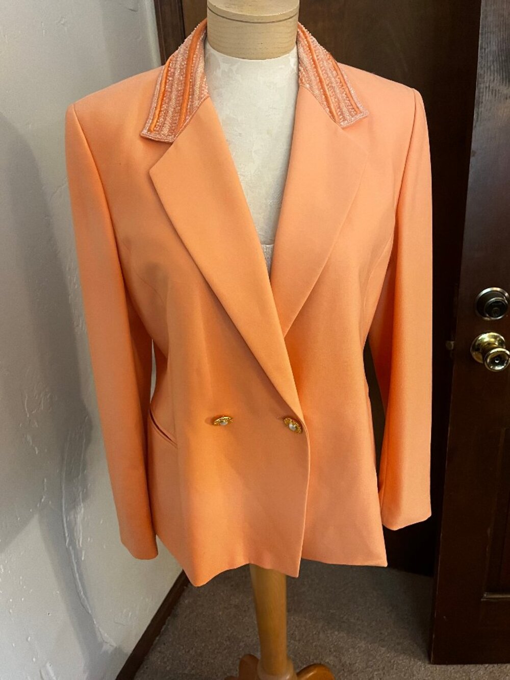 Vintage 90's ESCADA COUTURE Peach Wool Beaded Sequin Blazer Size 40